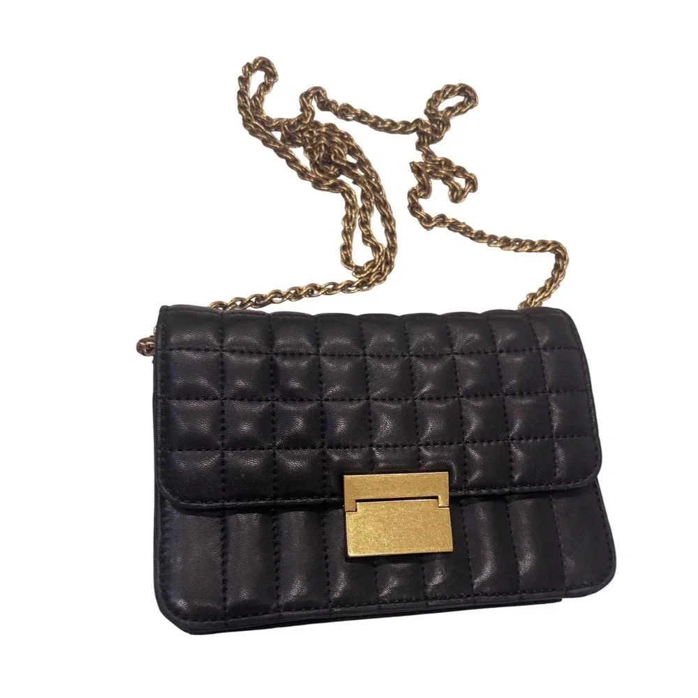 J.Crew‎ Black Quilted Leather Crossbody Chain Strap Preloved 7.5x5.5x2